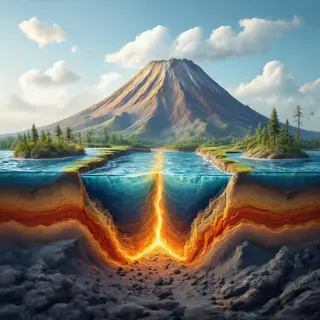 A cross-section showing tectonic plates at a convergent boun