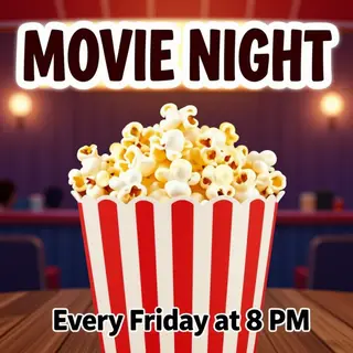 A movie night poster with a large popcorn image in the cente