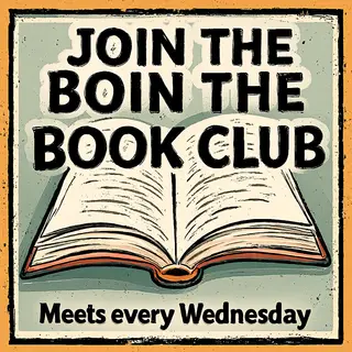 A book club poster with an open book illustration, the title