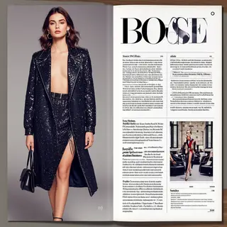 A fashion magazine spread with a full-bleed left-page photo,