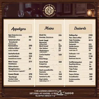 A restaurant menu layout with a logo header, three category 