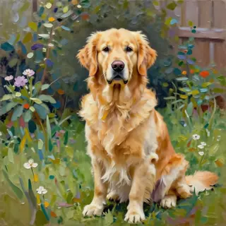 A golden retriever sitting in a garden, painted in the style
