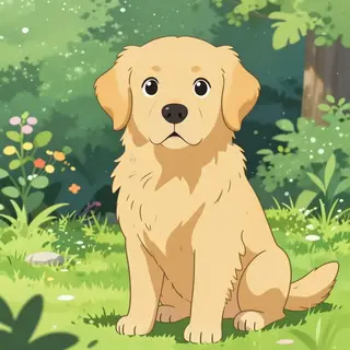 A golden retriever sitting in a garden, rendered in Japanese
