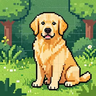 A golden retriever sitting in a garden, rendered in pixel ar