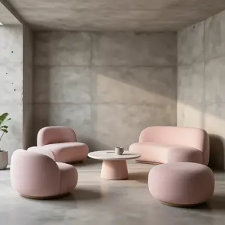 An interior scene rendered in soft brutalism — raw concrete 