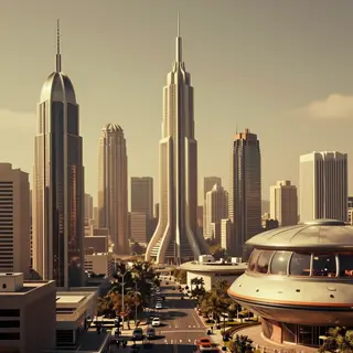 A cityscape rendered in nostalgic futurism — retro-futuristi