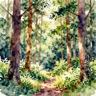 A forest rendered in photorealistic watercolor — the detail 