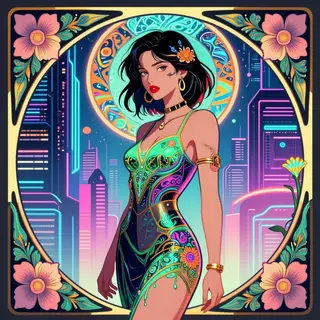 A woman in a futuristic city rendered in cyberpunk Art Nouve