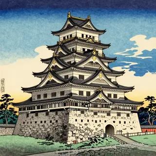 A medieval castle depicted in Japanese ukiyo-e woodblock pri