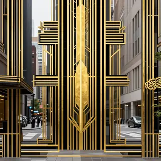 A city street scene in the style of Art Deco — geometric sha