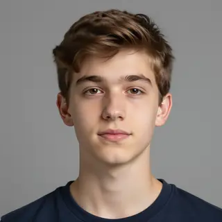 A headshot of a teenager with a relaxed, neutral face