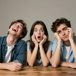 A group of three friends at a table: one laughing with head 