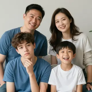 A family photo with four people: a father beaming with pride
