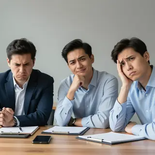 Three coworkers in a meeting: one looking frustrated with fu