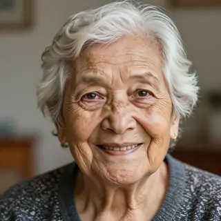 An elderly woman in her 80s with deep wrinkles and white hai