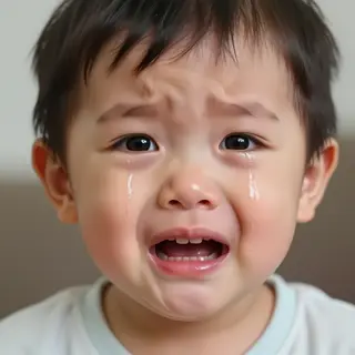A 5-year-old child with round cheeks and large eyes, crying 