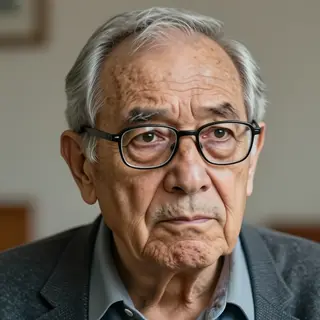 An elderly man in his 70s with age spots and thinning gray h