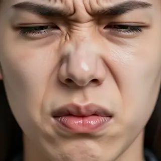 A close-up of a person's face showing clear disgust, nose wr