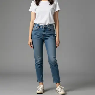 A woman standing upright in a relaxed pose, arms at her side