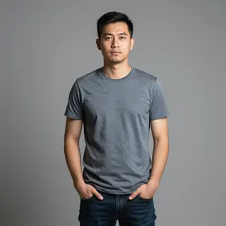 A man standing straight facing the camera, hands in pockets,