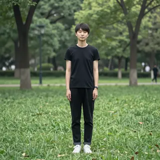 A person standing in a neutral pose in a park, full body vis