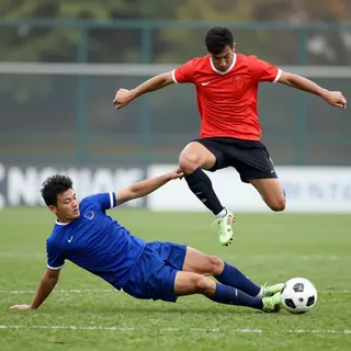 Two soccer players mid-tackle, one sliding and the other jum