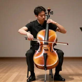 A cellist seated with correct posture, legs around the instr