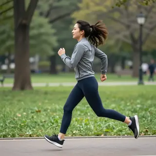 A woman mid-stride running through a park, hair and clothes 