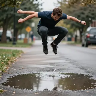 A man captured mid-jump over a puddle, body in the air with 