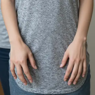 A person standing with both hands visible at their sides, fi