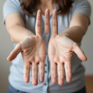 A woman holding her hands out in front of her palms-up, all 