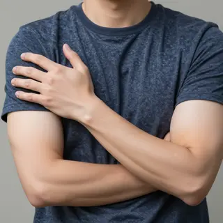 A man with arms crossed, both hands resting on opposite uppe