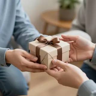 One person handing a small gift box to another person, both 