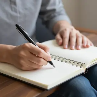 A woman writing in a notebook with a pen gripped correctly i