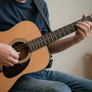 A person playing an acoustic guitar with left hand on the fr