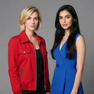 Two women standing side by side: one with short blonde hair 