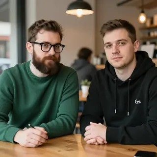 Two men at a cafe: one with a beard and glasses wearing a gr