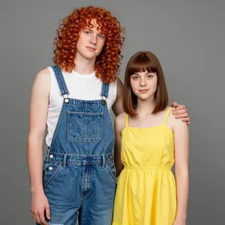 Two friends posing: one tall with curly red hair in denim ov