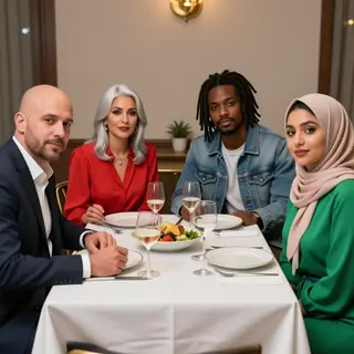 Four people at a dinner table: a bald man in a suit, a woman