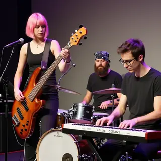 Three musicians on stage: a tall woman with short pink hair 