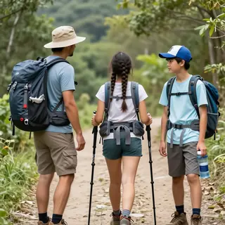 Three hikers on a trail: a man with a backpack and sunhat, a
