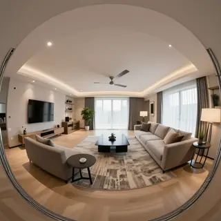 A wide-angle shot of a modern living room interior showing e