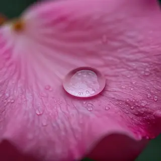 A close-up macro shot of a single dewdrop on a rose petal, s