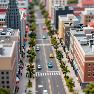 A tilt-shift photograph of a city street making real-life lo