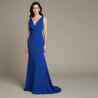 A woman wearing a royal blue evening dress against a neutral