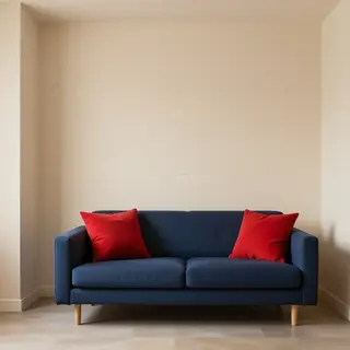 A minimalist room with walls in #F5E6CC (warm cream), a sofa