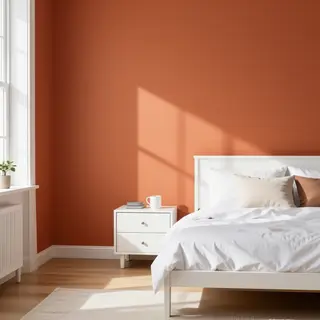 A bedroom wall painted in #FF6B35 (burnt orange) with white 