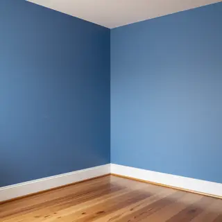 A room with walls in #4A90D9 (medium blue) with warm wooden 