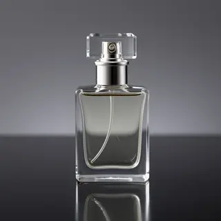 A clear glass perfume bottle on a reflective black surface w