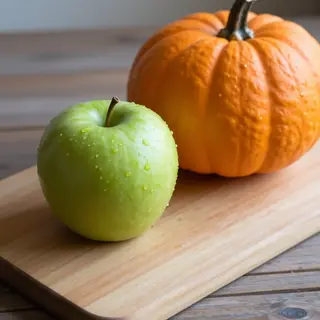 A green apple and an orange pumpkin on a wooden cutting boar